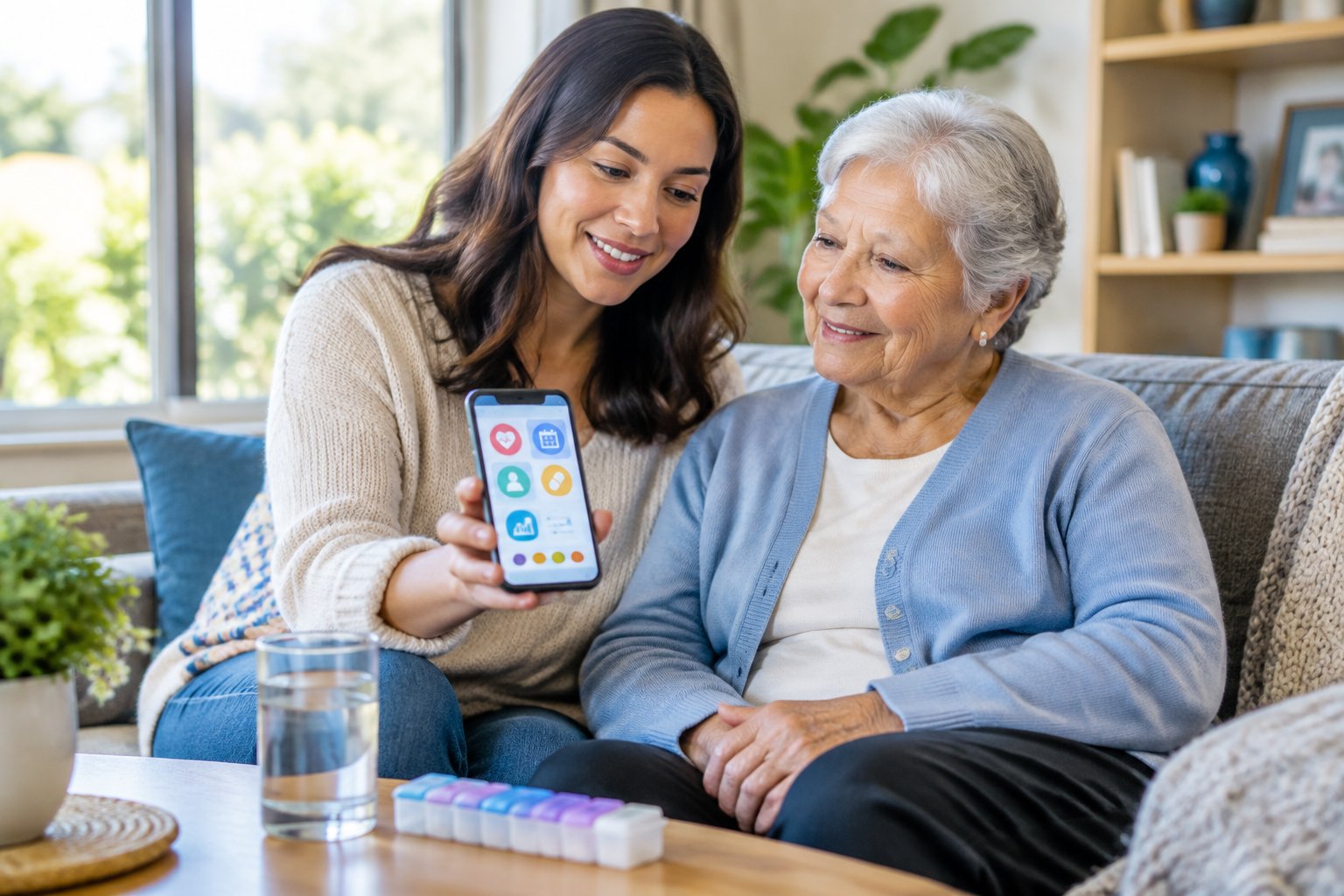 Eine Frau unterstützt ihre ältere Mutter zu Hause und prüft dabei eine App auf dem Smartphone.