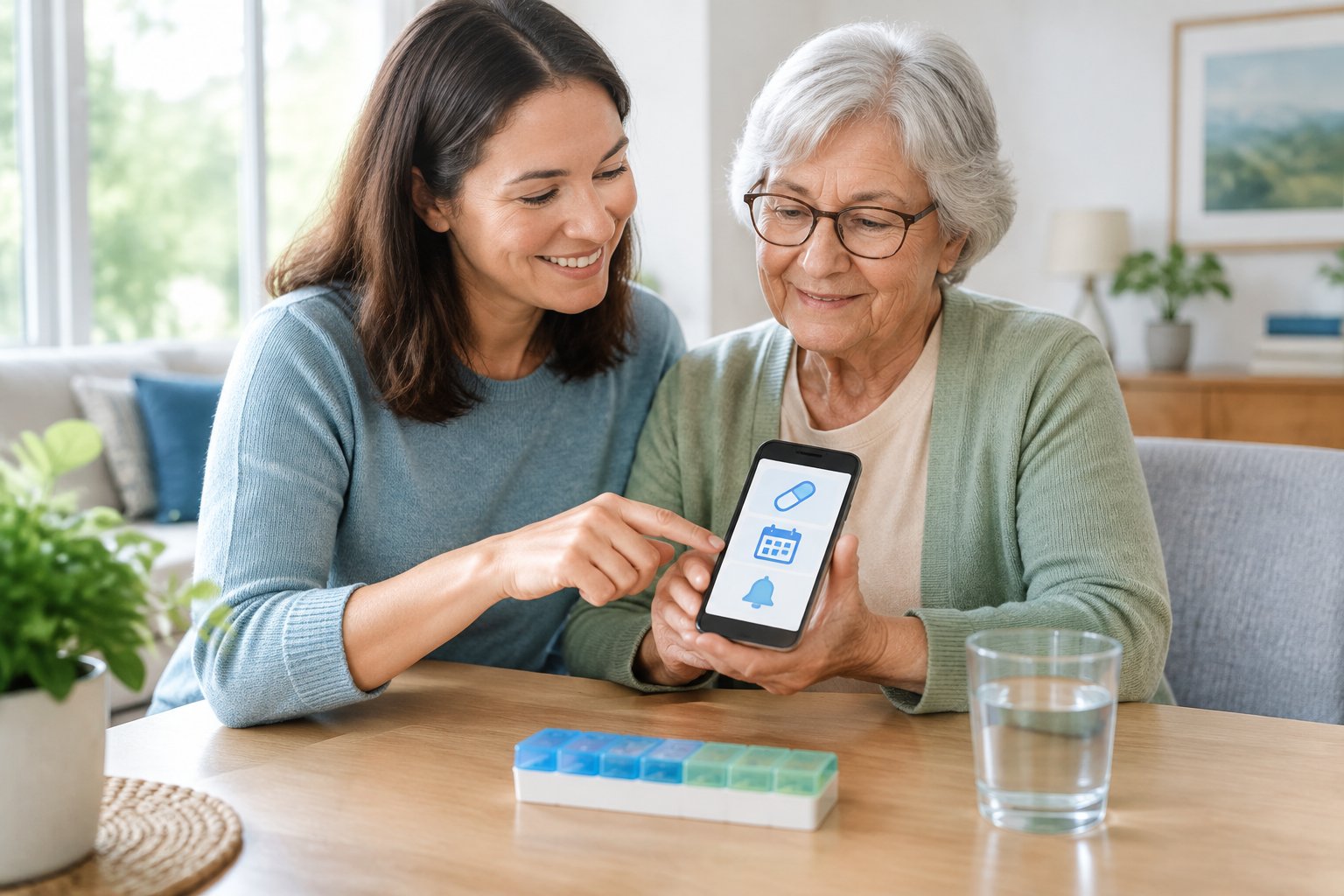 Eine Angehörige betrachtet mit einer älteren Person eine Medikamenten-App auf dem Smartphone.